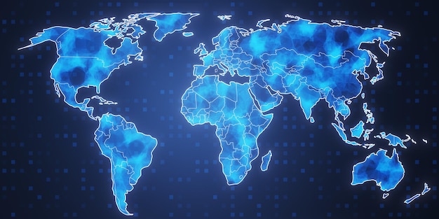 Holograma de mapa poligonal brillante creativo en un fondo azul borroso Concepto de comunidad y red global Renderización en 3D