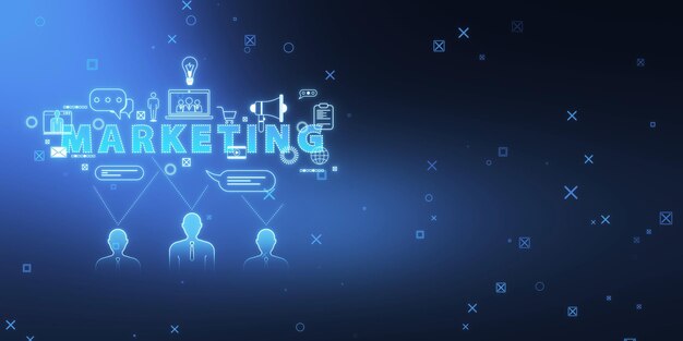 Holograma de marketing creativo con varios iconos en un fondo azul borroso SEO medios y análisis concepto 3D Rendering