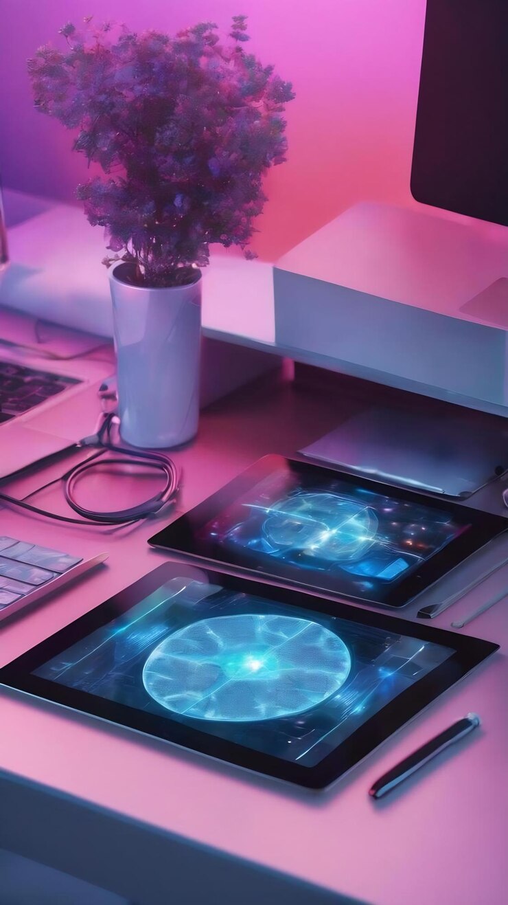 Foto holograma médico abstracto creativo y tableta digital moderna en el escritorio en el fondo vista superior en línea