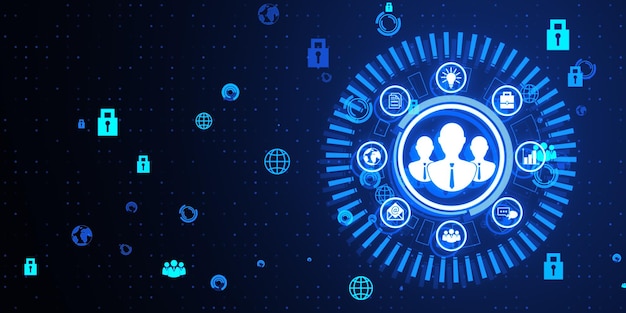 Holograma de negocios creativo con personas iconos en fondo azul con varios iconos recursos humanos de recursos humanos y concepto de reclutamiento en línea Rendering 3D