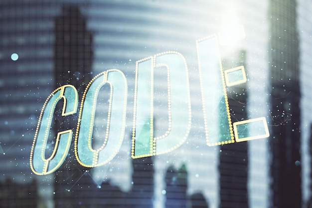 Holograma de palabra clave en el concepto de desarrollo de software internacional de fondo de arquitectura moderna Multiexposición