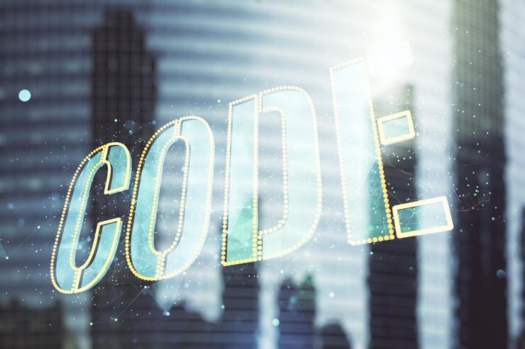 Foto holograma de palabra clave en el concepto de desarrollo de software internacional de fondo de arquitectura moderna multiexposición