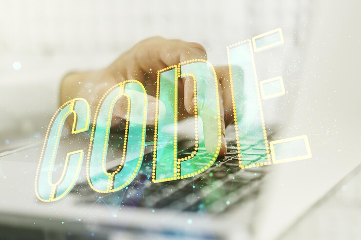 Foto holograma de palabra de código creativo y manos escribiendo en el teclado de la computadora sobre inteligencia artificial de fondo y concepto de redes neuronales multiexposición