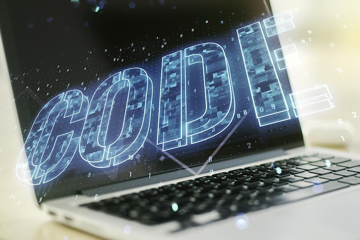 Foto holograma de palabra de código creativo sobre fondo de computadora moderna inteligencia artificial y redes neuronales concepto multiexposición