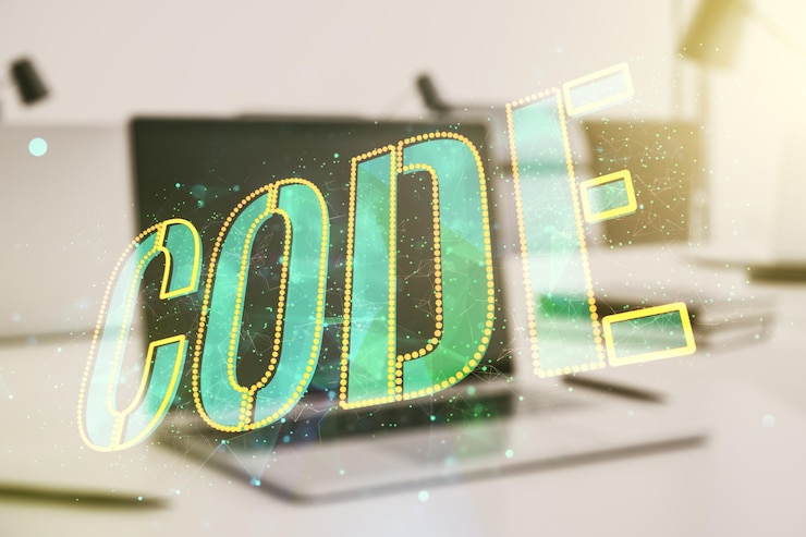 Foto holograma de palabra de código creativo sobre fondo de computadora moderna inteligencia artificial y redes neuronales concepto multiexposición