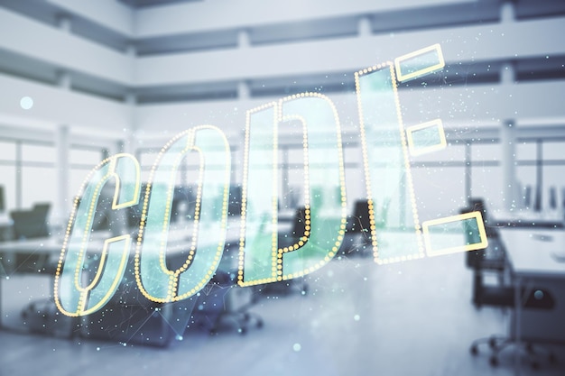 Holograma de palabra de código en el fondo de la oficina corporativa moderna inteligencia artificial y redes neuronales concepto Multiexposición
