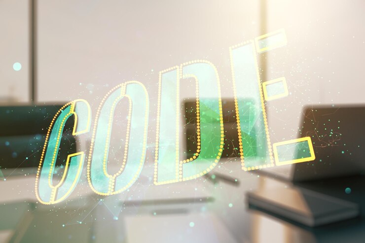 Foto holograma de palabras de código creativo y escritorio moderno con computadora portátil en el fondo inteligencia artificial y concepto de redes neuronales multiexposición
