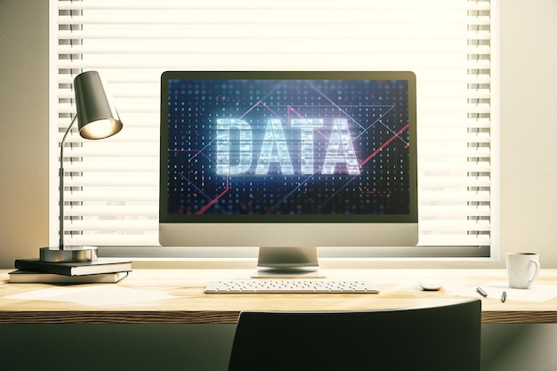 Holograma de palabras de datos creativos en el moderno monitor portátil big data y concepto blockchain 3D Rendering