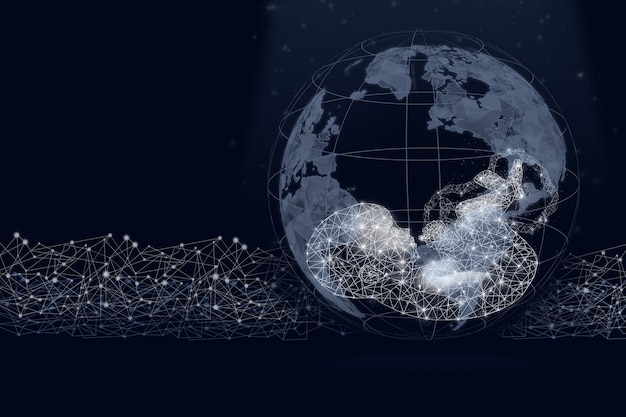 Holograma del planeta con un bebé dentro de fondo azul oscuro Análisis genético, planificación del embarazo