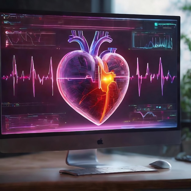 Holograma de pulso cardíaco abstracto creativo en un monitor de computadora moderno concepto de consulta médica en línea