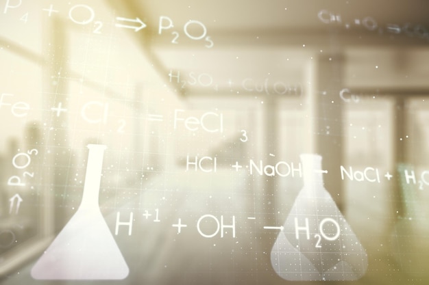 Holograma de química creativa sobre fondo de aula vacía concepto de investigación farmacéutica Multiexposición