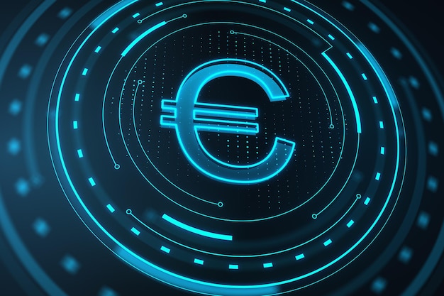 Holograma redondo creativo con euro en fondo oscuro y borroso Dinero concepto de banca y finanzas en línea Renderizado en 3D