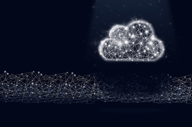 Holograma de símbolo de nube de polietileno baja y línea digital sobre fondo azul oscuro. El concepto de ahorro