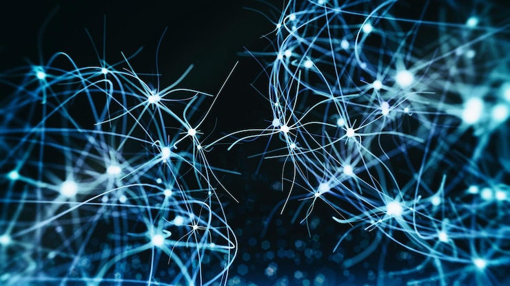 Foto holograma de sinapsis neuronal imagen renderizada 3d de la red de células neuronales sobre fondo negro conceptual m