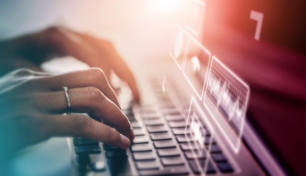 Holograma de software de superposición de aplicaciones informáticas y manos de mujer escribiendo para tecnología de la información Aplicaciones en línea del sitio web y transformación digital de un empleado de ti que trabaja en la base de datos ux e iot
