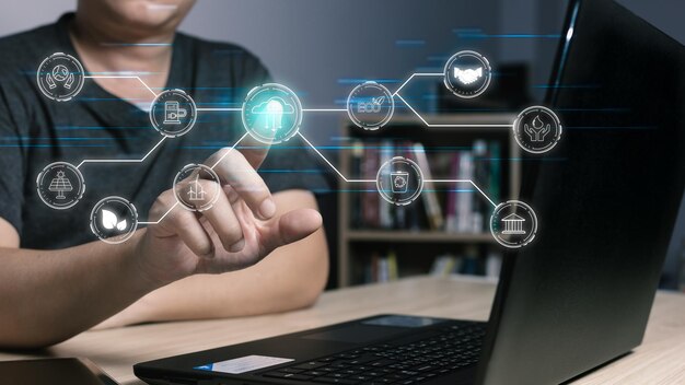 Holograma táctil para ahorrar energía y reducir el calentamiento global Cambio climático Inversión respetuosa con la ecología ESG Medio ambiente Gobernanza social Innovación empresarial verde y concepto de desarrollo sostenible