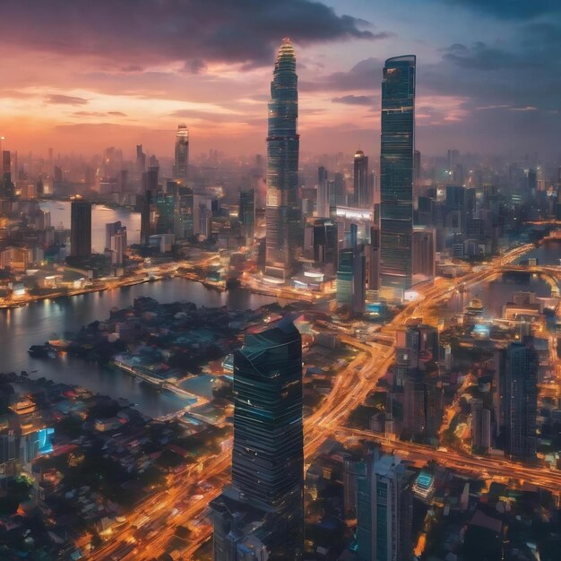 Holograma de tecnología abstracta iconos brillantes paisaje urbano panorámico de bangkok al atardecer asia el conc