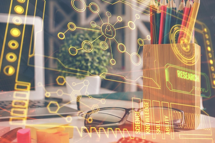 Foto holograma de tecnología de datos con gafas en el fondo de la mesa concepto de tecnología doble exposición