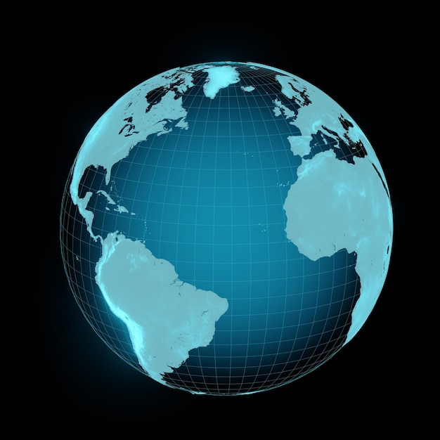 holograma tecnología digital luz global o planeta tierra aislado sobre fondo negro. Ilustración 3D