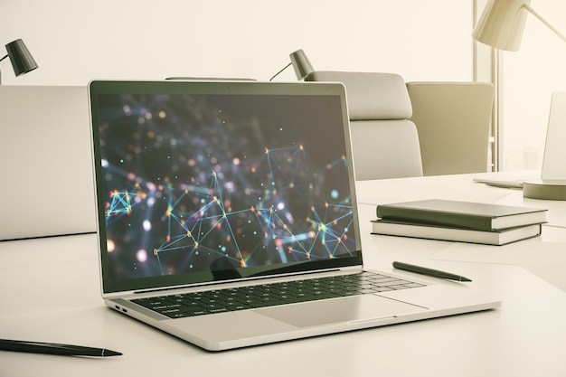 Holograma de tecnología inalámbrica abstracta creativa en monitor de computadora moderno inteligencia artificial y concepto de aprendizaje automático Renderización 3D