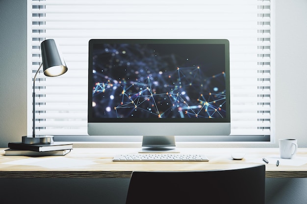 Holograma de tecnología inalámbrica abstracta creativa en monitor de computadora moderno inteligencia artificial y concepto de aprendizaje automático Renderización 3D