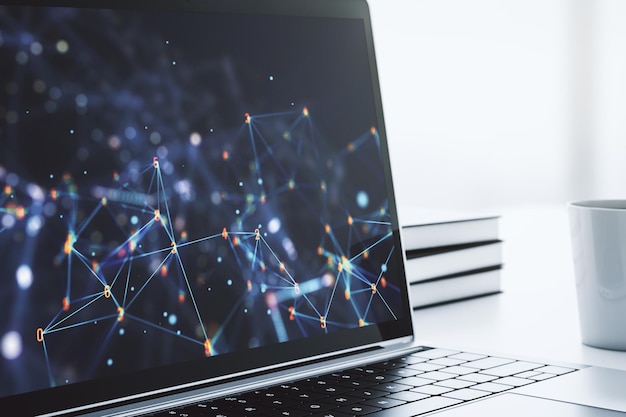 Holograma de tecnología inalámbrica abstracta creativa en monitor de computadora moderno inteligencia artificial y concepto de aprendizaje automático Renderización 3D