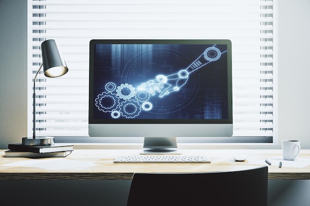 Holograma de tecnología robótica abstracta creativa en monitor de computadora moderno inteligencia artificial y concepto de aprendizaje automático Representación 3D
