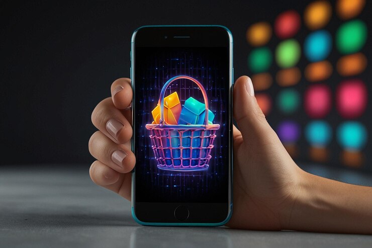 Foto holograma de teléfono y canasta aplicación de tienda en línea de compras en línea en un teléfono inteligente