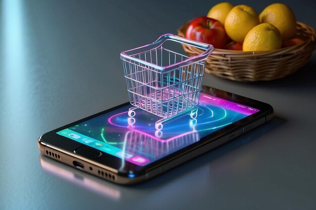 Holograma de teléfono y canasta Aplicación de tienda en línea de compras en línea en un teléfono inteligente