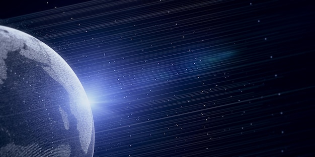 Holograma de tierra poligonal azul brillante creativo con líneas y destellos sobre fondo oscuro Metaverso y concepto de mundo global Representación 3D