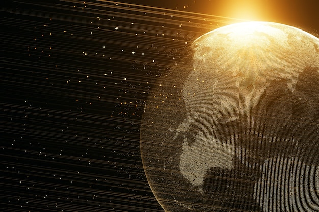Holograma de tierra poligonal brillante con líneas y destellos Metaverso y concepto de mundo global Representación 3D