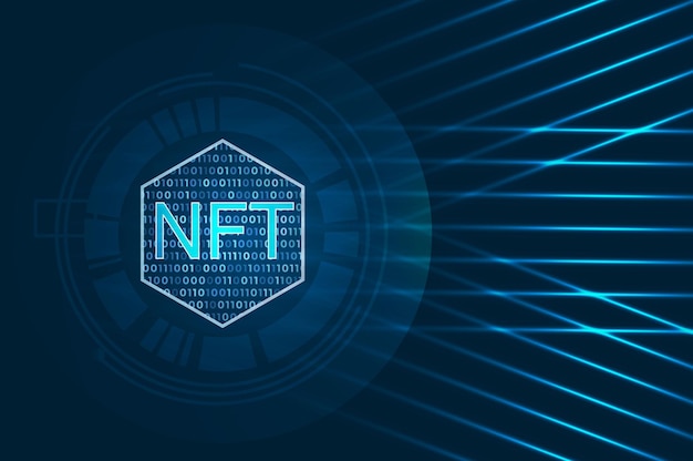 holograma token no fungible NFT vector 3d ilustración azul oscuro con fondo de espacios libres