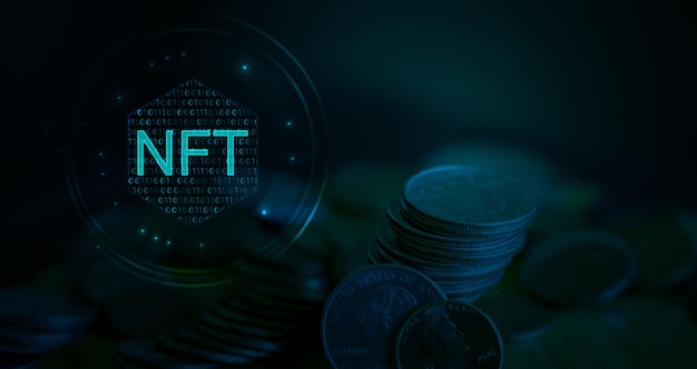 holograma token no fungible NFT vector 3d ilustración azul oscuro con fondo de espacios libres