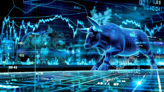 holograma de toro y oso con gráfico financiero