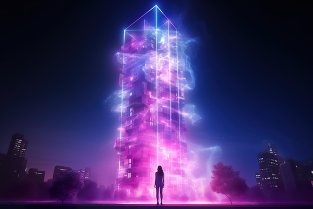 holograma torre residencial moderna flotando sobre la mano mujeres de negocios generativo ai ilustración