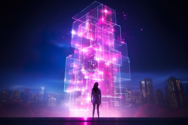 holograma torre residencial moderna flutuando acima da mão mulheres de negócios ilustração generativa de IA