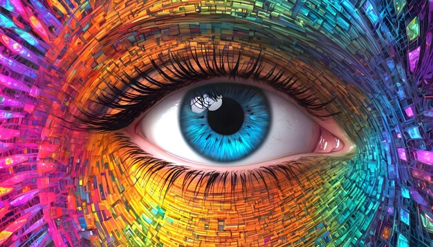 hologramas entre ojos femeninos multicolores y papeles de pared fractales