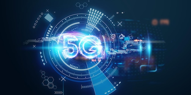 Hologramm 5G kreativer mobiler Technologiehintergrund. 5G-Netzwerkkonzept, mobiles Hochgeschwindigkeitsinternet, Netzwerke der neuen Generation. Gemischte Medien. 3D-Rendering, 3D-Darstellung.