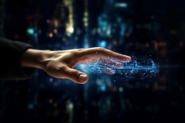 Hologramm-Bildschirm mit Handberührung, der moderne Cloud-basierte Websystemtechnologie, zukünftiges Netzwerkkonzept und hohe Technologie anzeigt