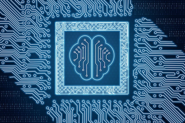 Foto hologramm des digitalen chips des motherboards mit menschlichem gehirn