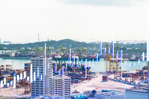 Hologramm des Finanzaktiendiagramms über Panoramastadtansicht des Geschäftszentrums von Singapur in Asien Das Konzept der internationalen Transaktionen Doppelbelichtung