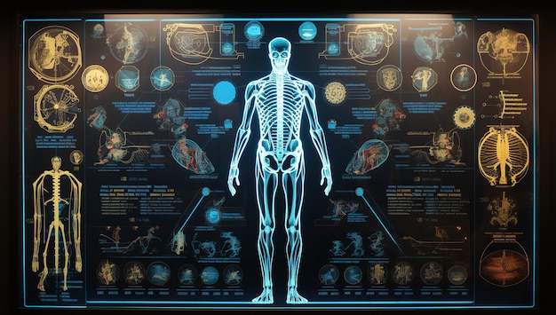 Hologramm des menschlichen Körpers im Gesundheitswesen mit Ganzkörperscan, Knochen, Organen, Gelenken, Gehirn im futuristischen HUD-Stil