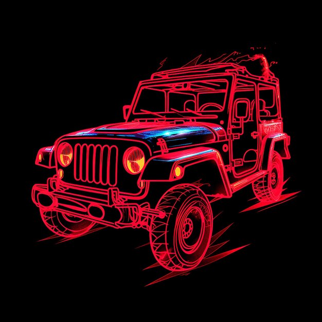 Foto hologramm eines militärischen jeeps mit rotem neon
