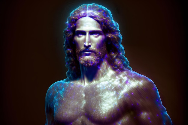 Hologramm von Jesus Christus auf schwarzem Hintergrund neuronales Netzwerk generierte Kunst