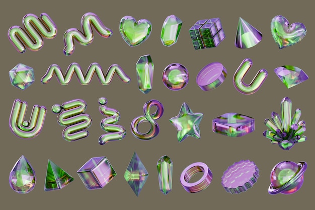 Holographic green and purple object set pack isolated background 3d rendering