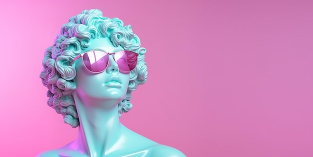 Holographische Frau mit Sonnenbrille vor rosa Hintergrund Generative KI