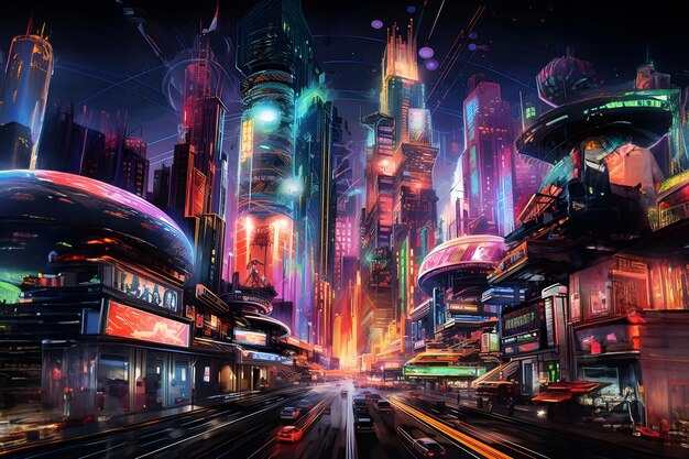 Holographische Wolkenkratzer und fliegende Autos der Neonmetropole beleuchten die Nacht