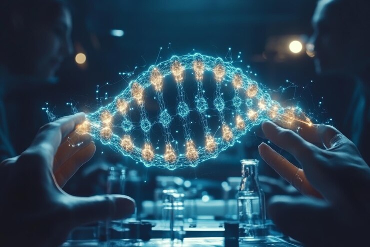 Foto holographisches dna-modell, das von wissenschaftlern in einem hightech-labor analysiert wird, das fortgeschrittene gene darstellt