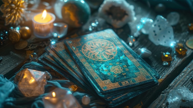 Holographisches Tarot auf einem Kristalltisch, Mondlicht, Weitwinkel, Zukunftsinsights up32K HD