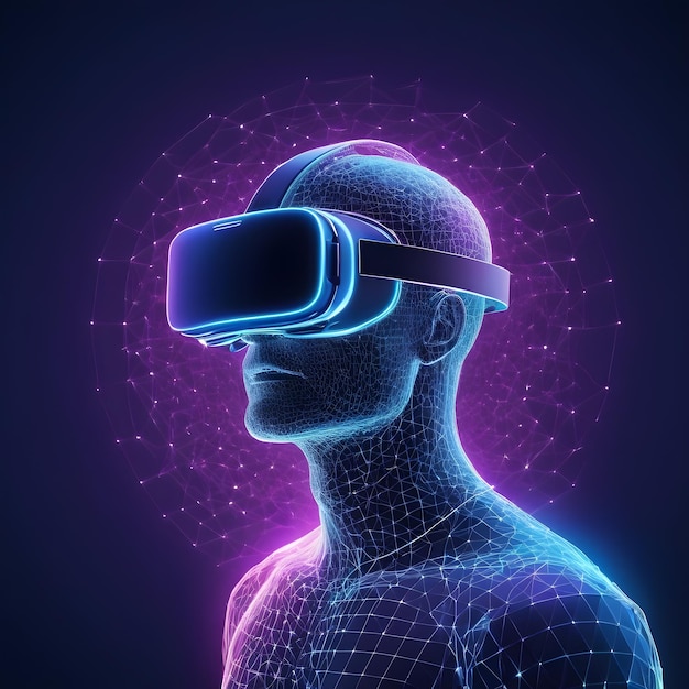 Foto holographisches vr-headset polygonaler mann mit einer virtuellen realitätsbrille